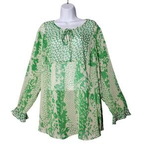 Susan Graver Green and Cream Floral Blouse XL Pullover Artsy‎ Cottagecore Flowy